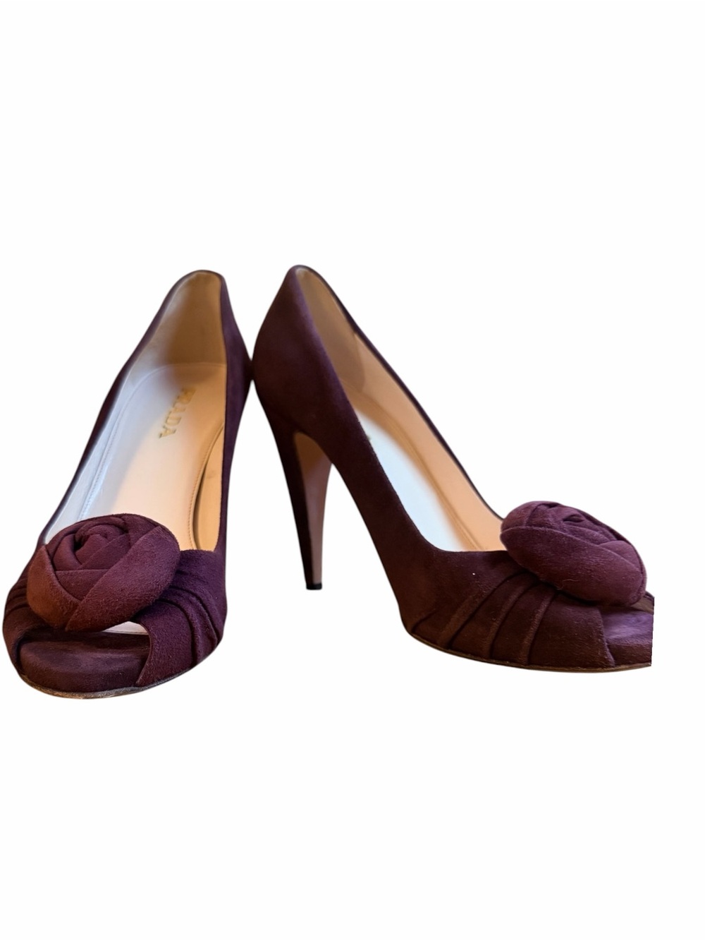 Prada Plum Suede Rosette Peep Toe Stiletto Heels EU 39 Italy - Picture 2 of 9